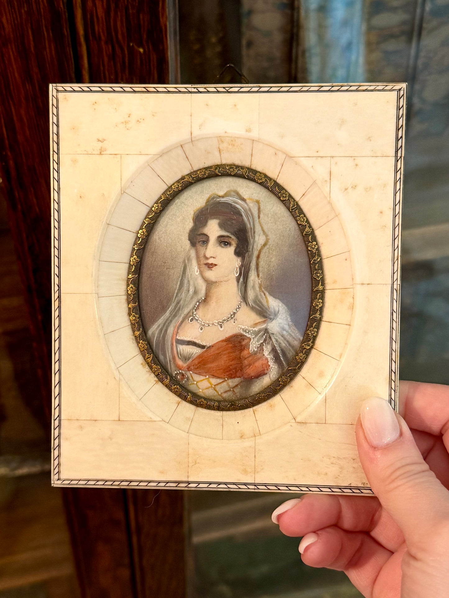 Antique Miniature Portrait in Bone Frame