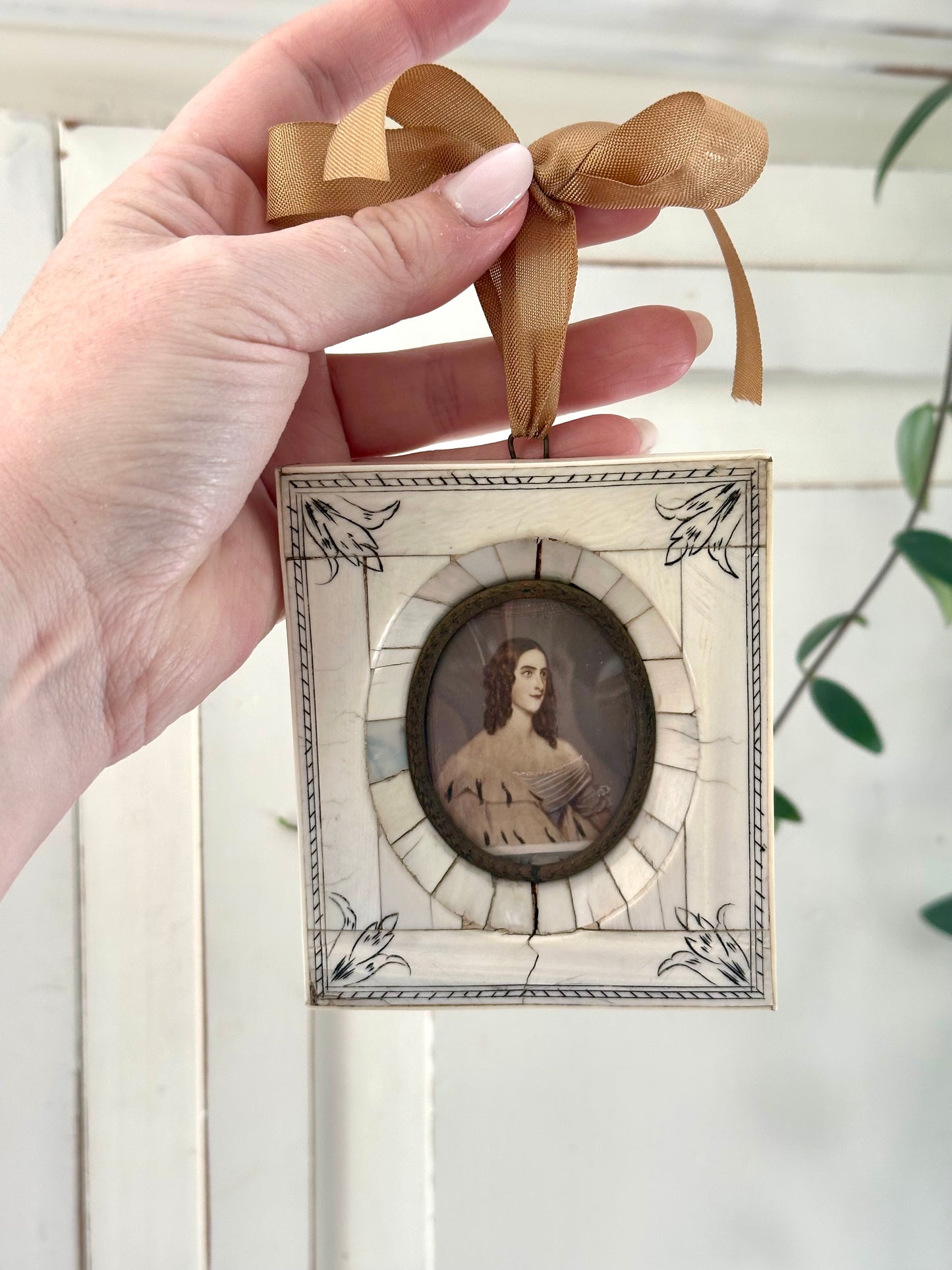 Original Antique Portrait of a Woman in a Tusk Frame