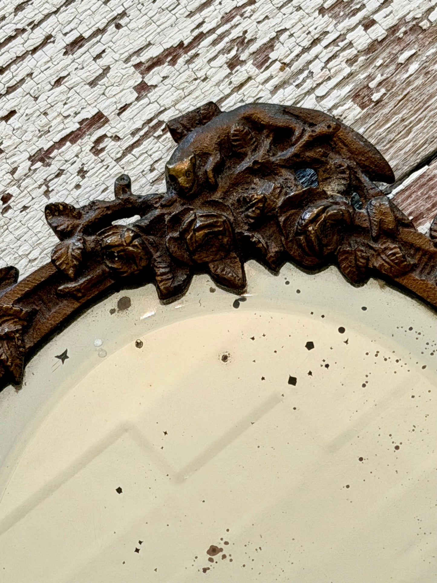 Antique Bronze Mirror with Fox & Florals
