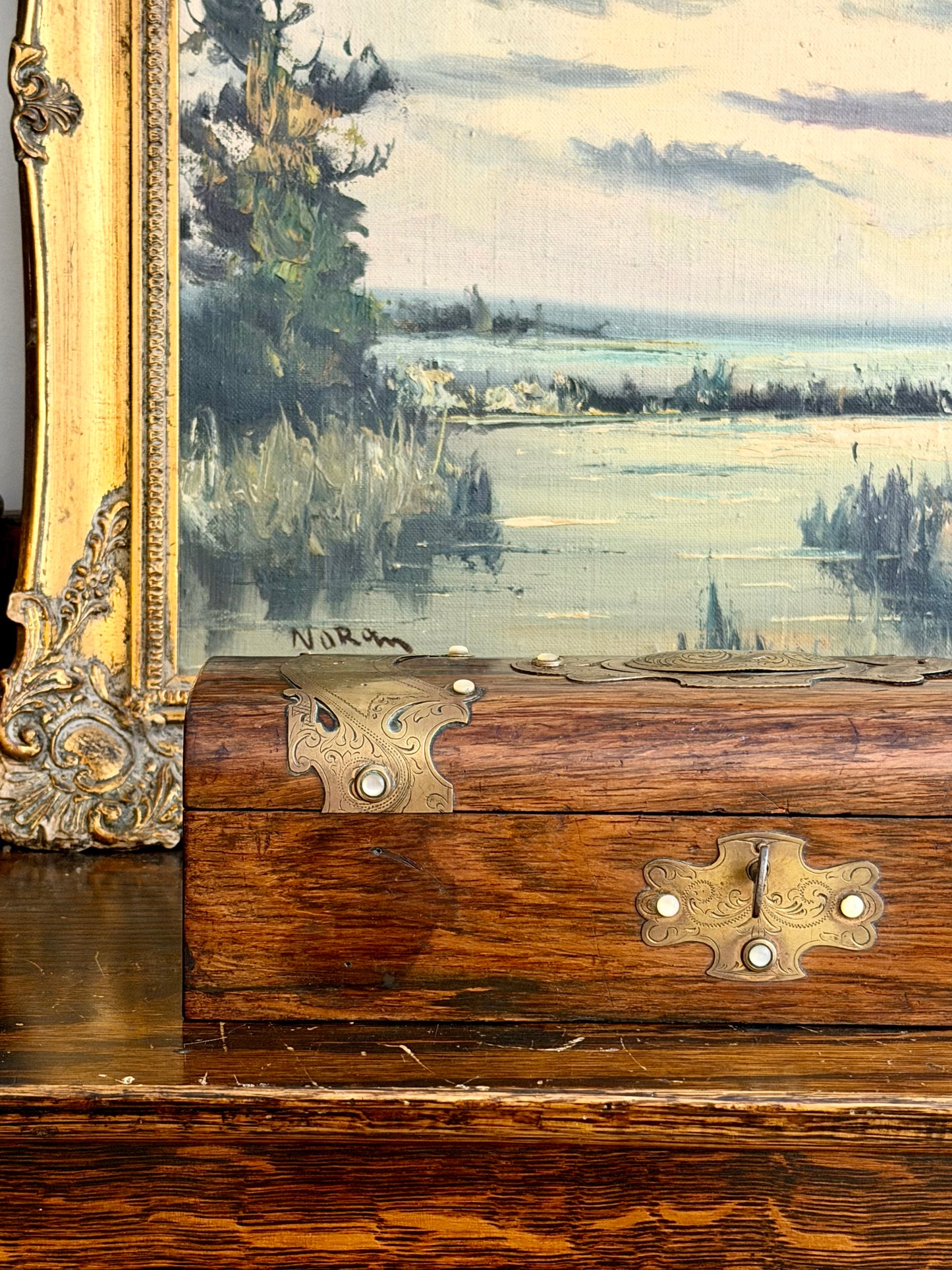 Antique Wood Box with Brass Accents & Pearl Beads