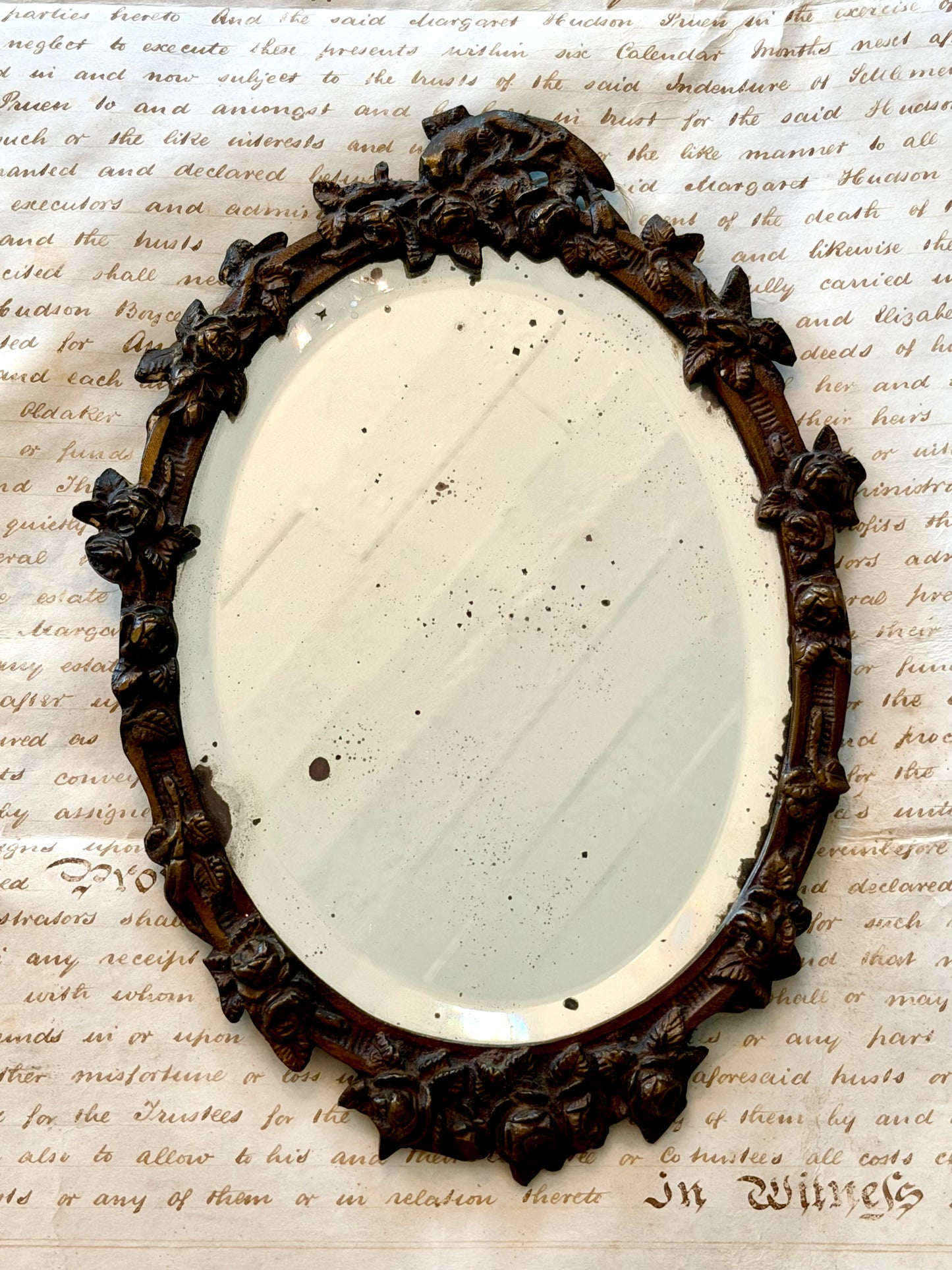 Antique Bronze Mirror with Fox & Florals