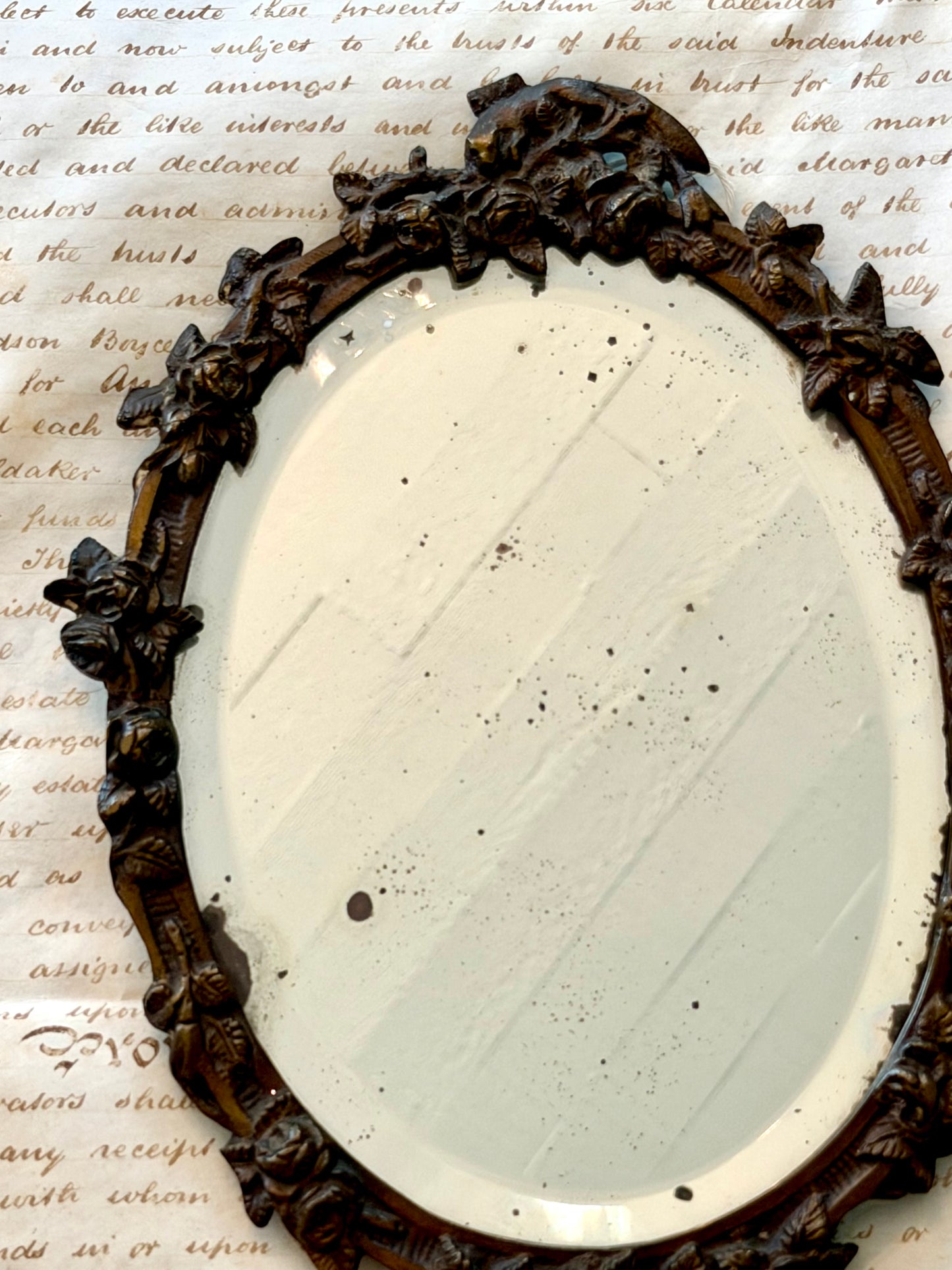 Antique Bronze Mirror with Fox & Florals