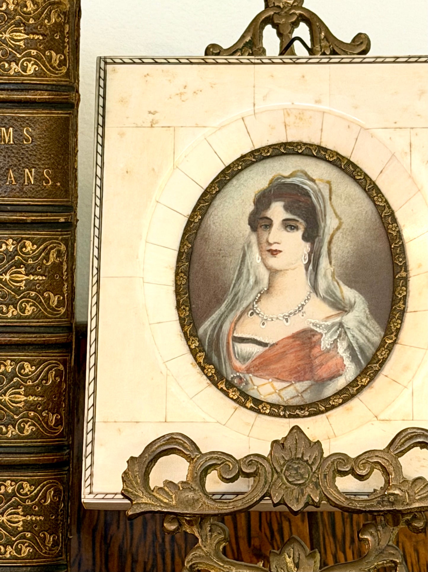 Antique Miniature Portrait in Bone Frame