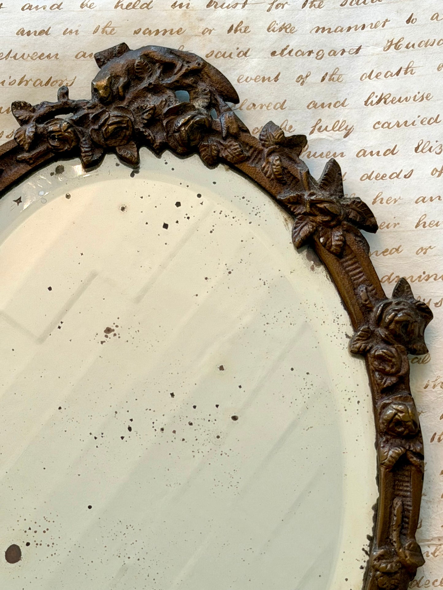 Antique Bronze Mirror with Fox & Florals