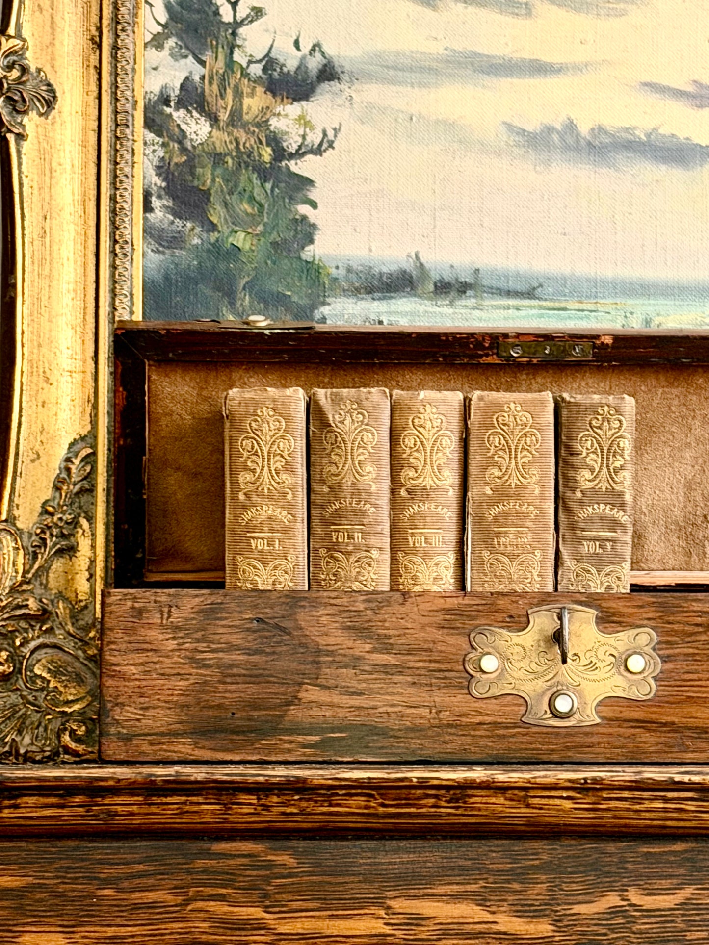 Antique Wood Box with Brass Accents & Pearl Beads