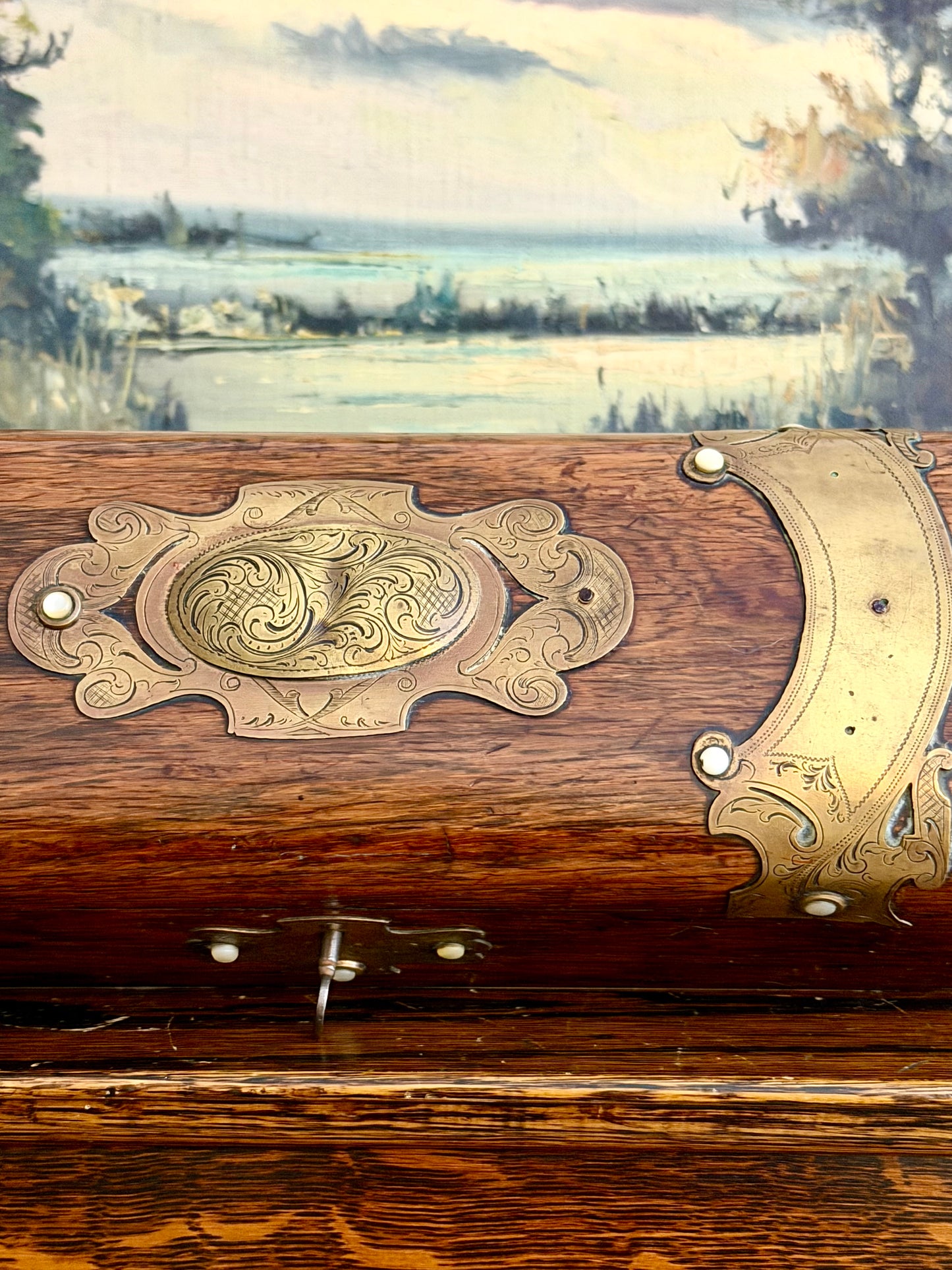 Antique Wood Box with Brass Accents & Pearl Beads