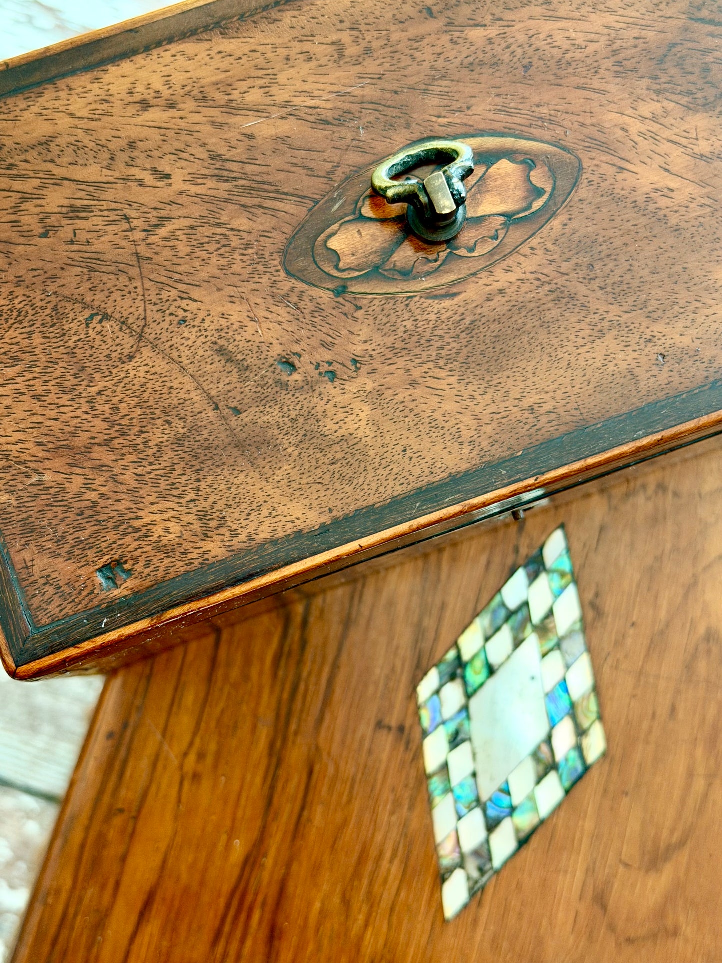 Antique English Mahogany Wood Box with Conch Shell Inlay
