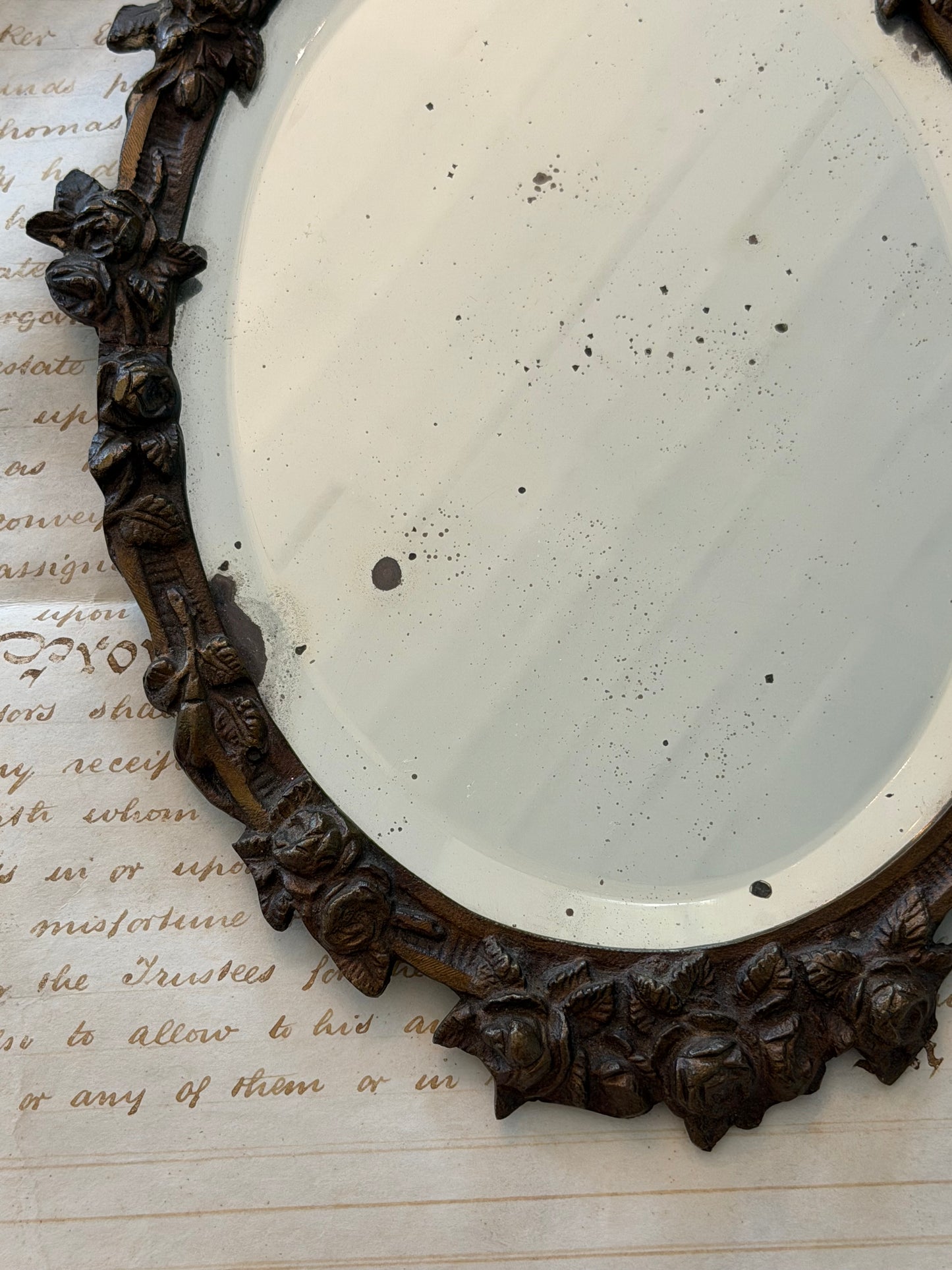 Antique Bronze Mirror with Fox & Florals