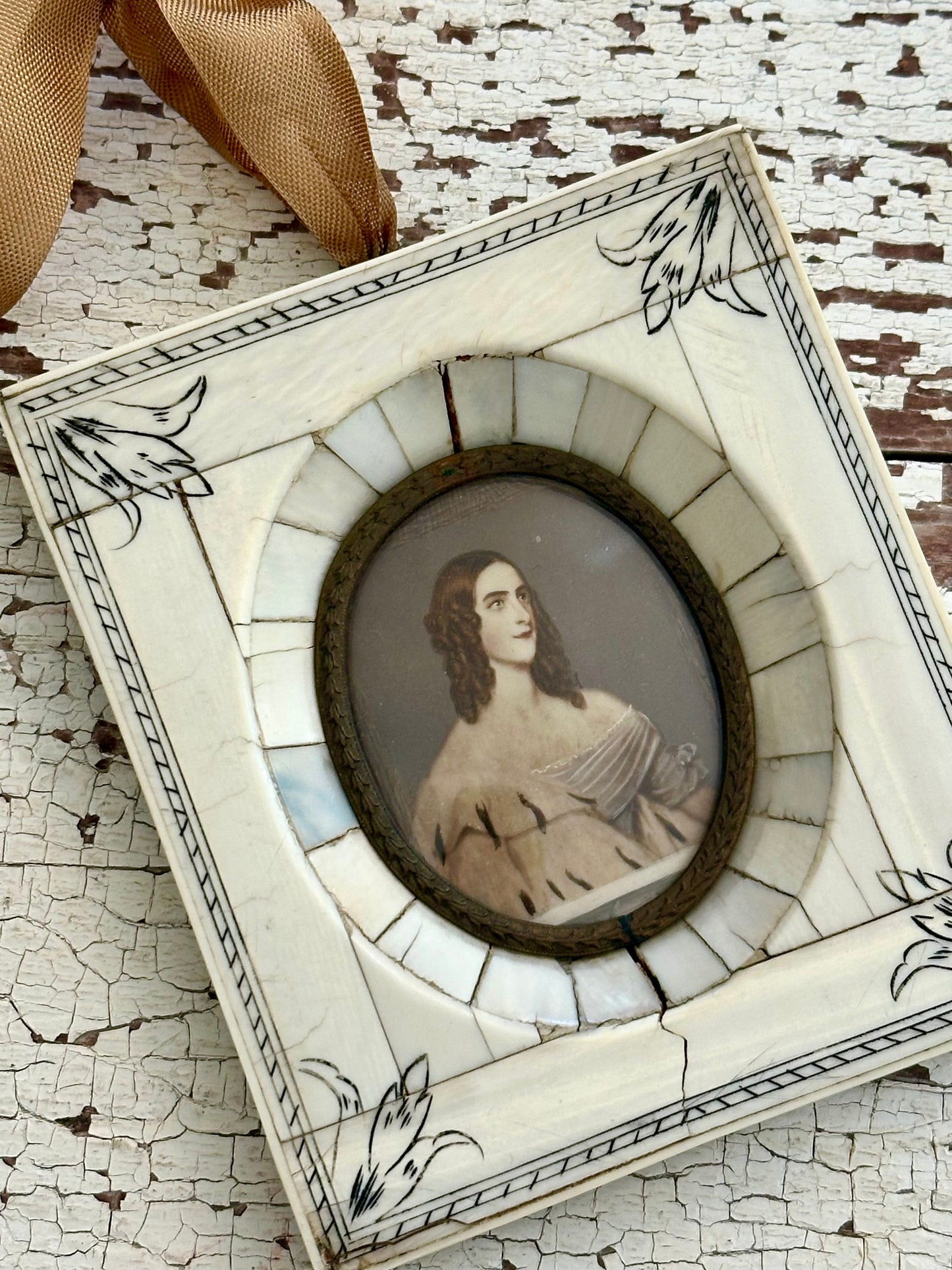 Original Antique Portrait of a Woman in a Tusk Frame