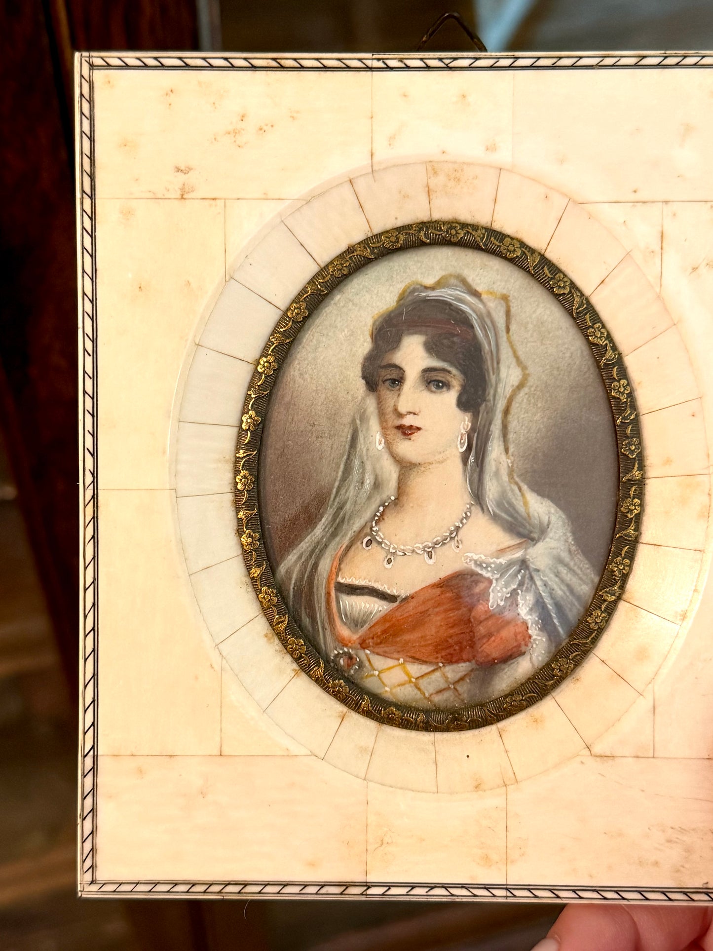 Antique Miniature Portrait in Bone Frame