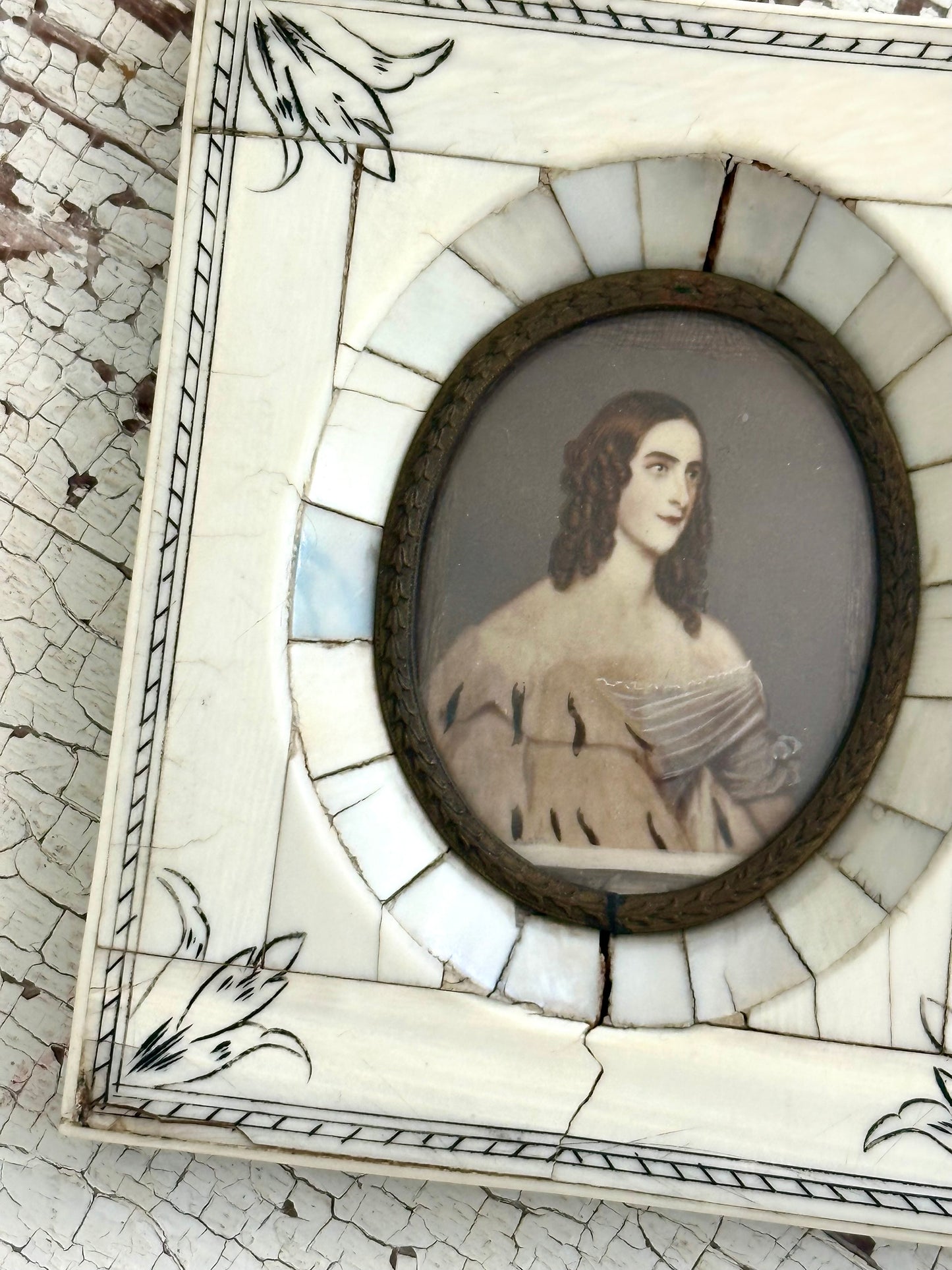 Original Antique Portrait of a Woman in a Tusk Frame