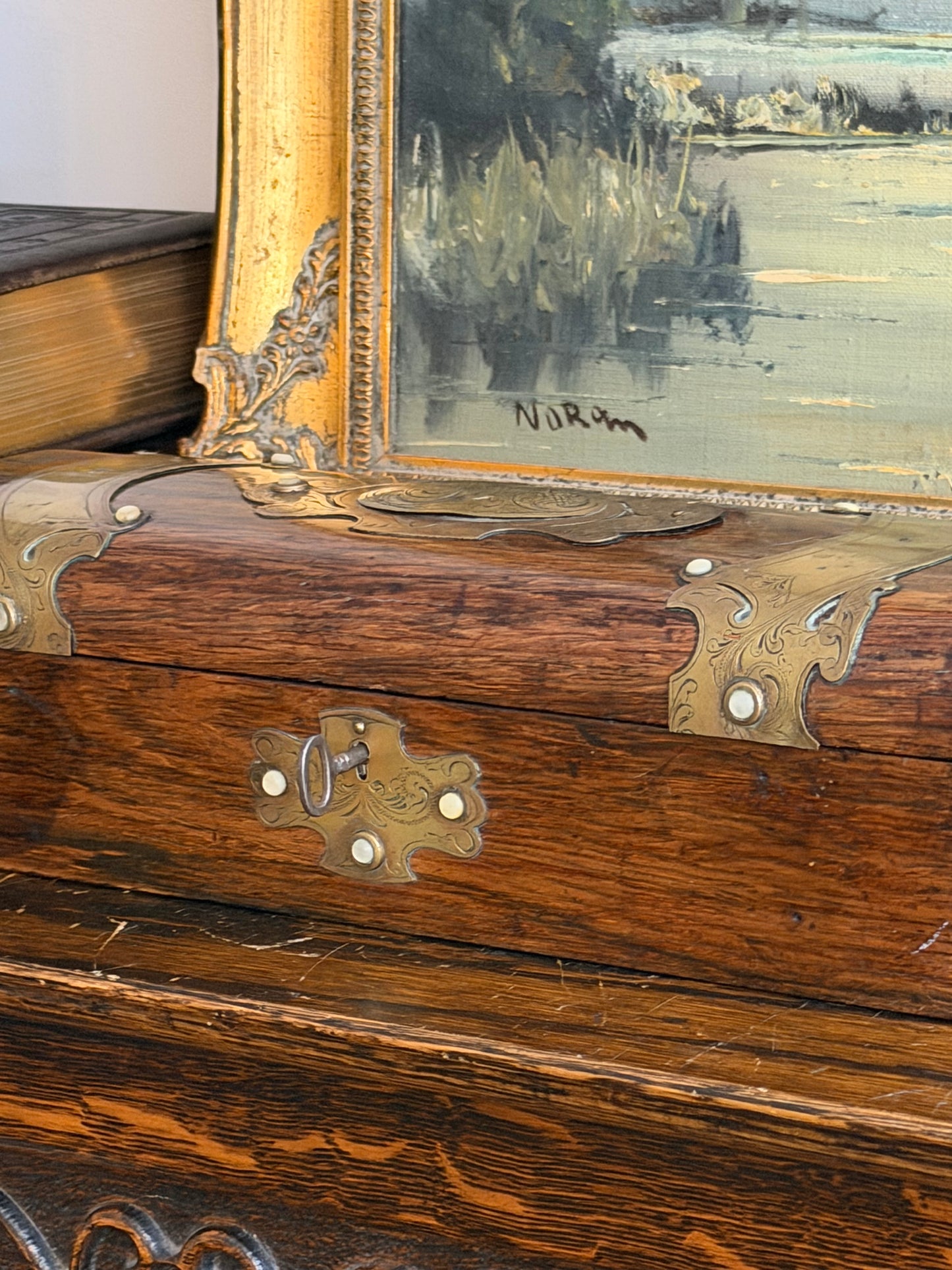 Antique Wood Box with Brass Accents & Pearl Beads
