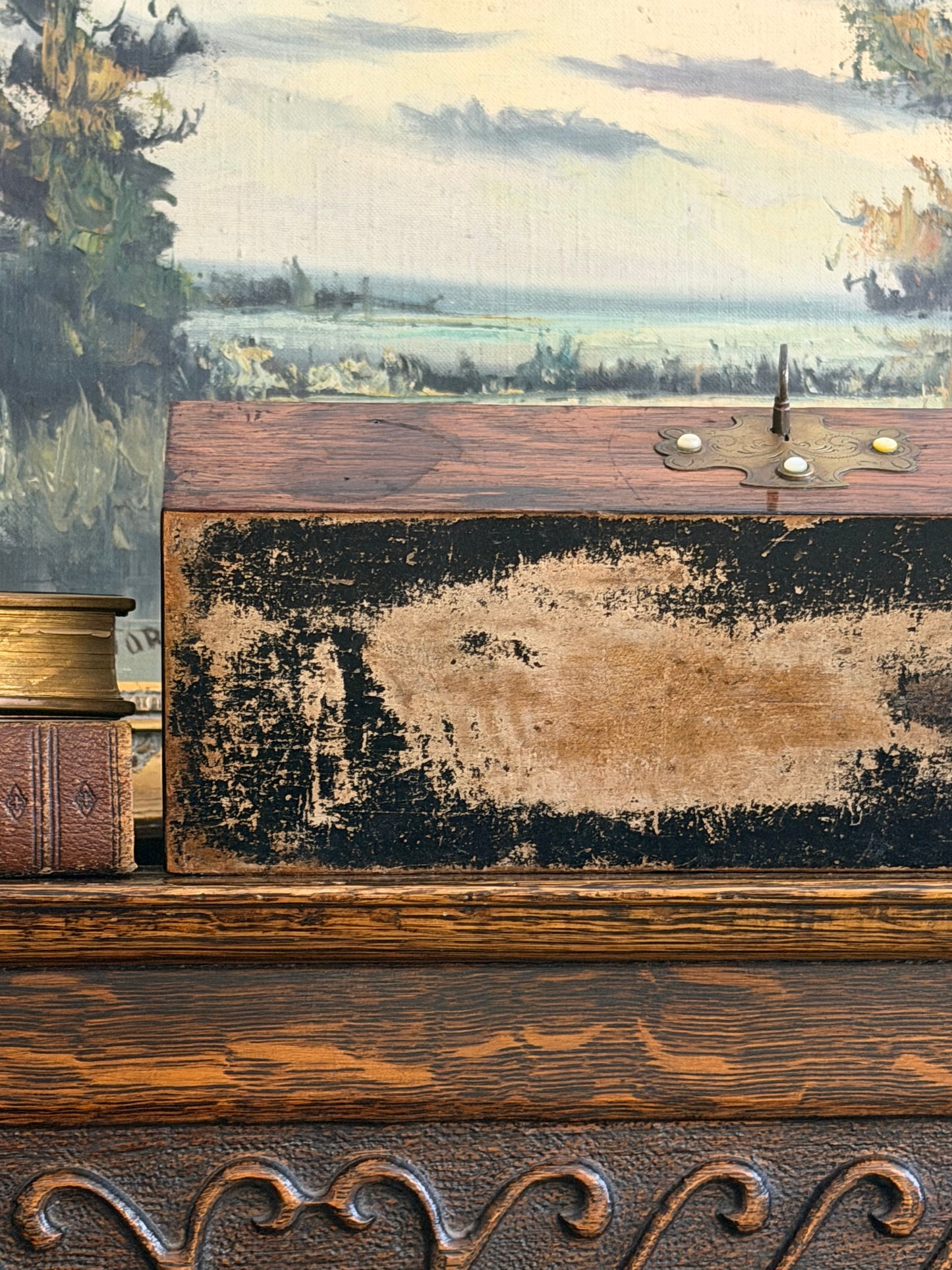 Antique Wood Box with Brass Accents & Pearl Beads