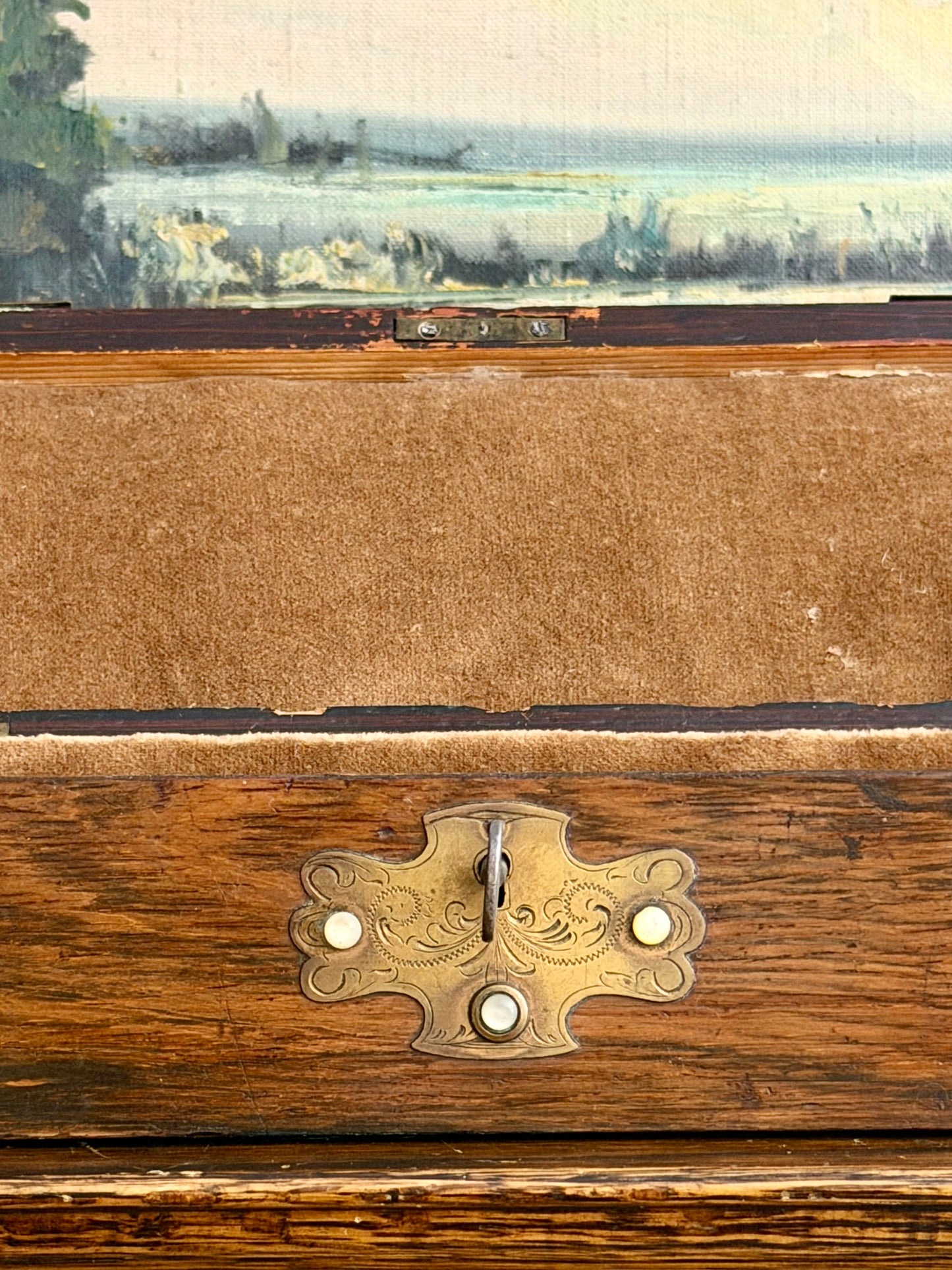 Antique Wood Box with Brass Accents & Pearl Beads